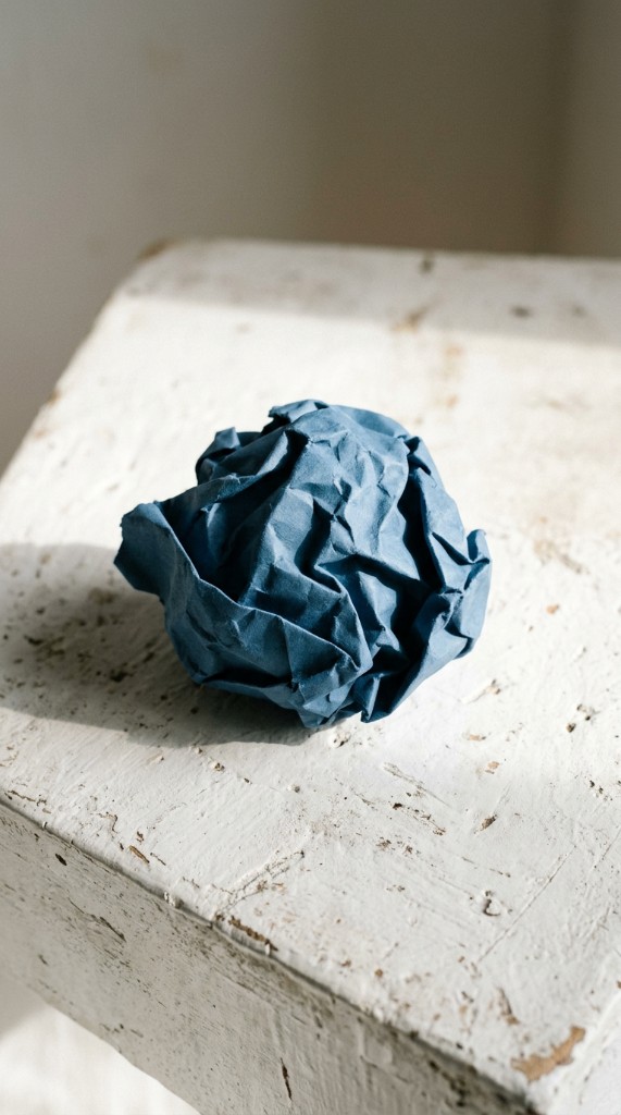 Crumpled soft blue paper on a light surface in dramatic side light