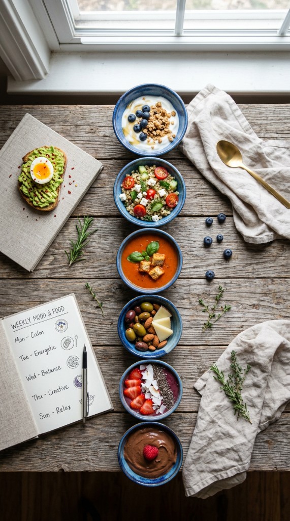 Seven small blue ceramic bowls with different foods beside a weekly mood and food journal on a wooden table