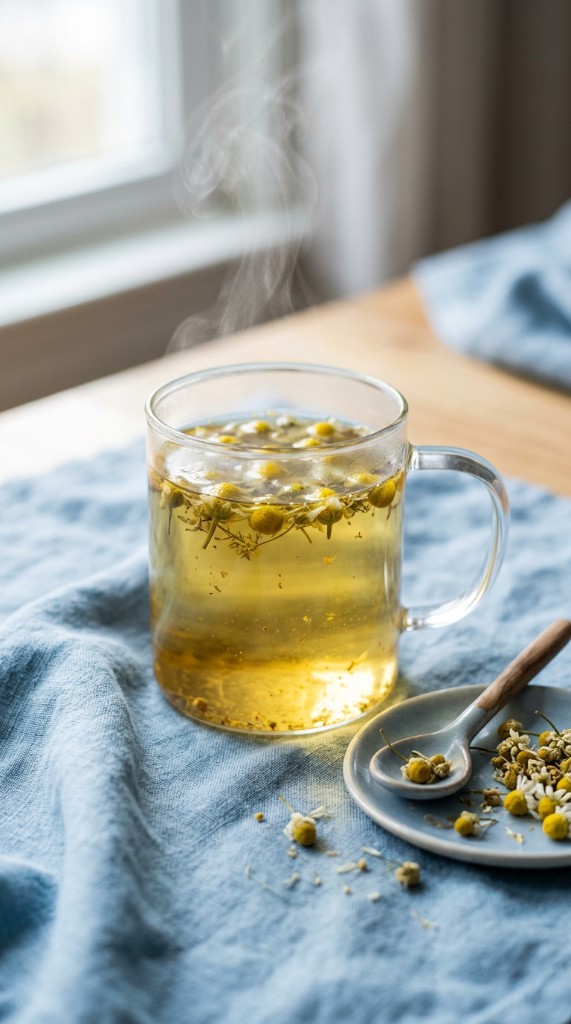 Steaming chamomile tea in a clear glass mug on a soft blue linen cloth, with dried flowers and a small spoon nearby