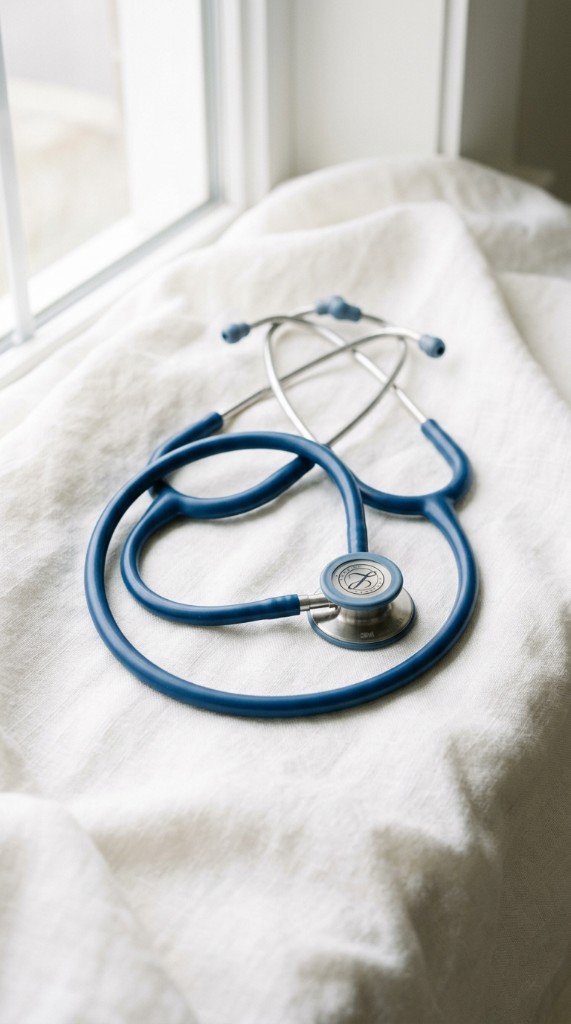 Blue stethoscope coiled on white linen in gentle natural light