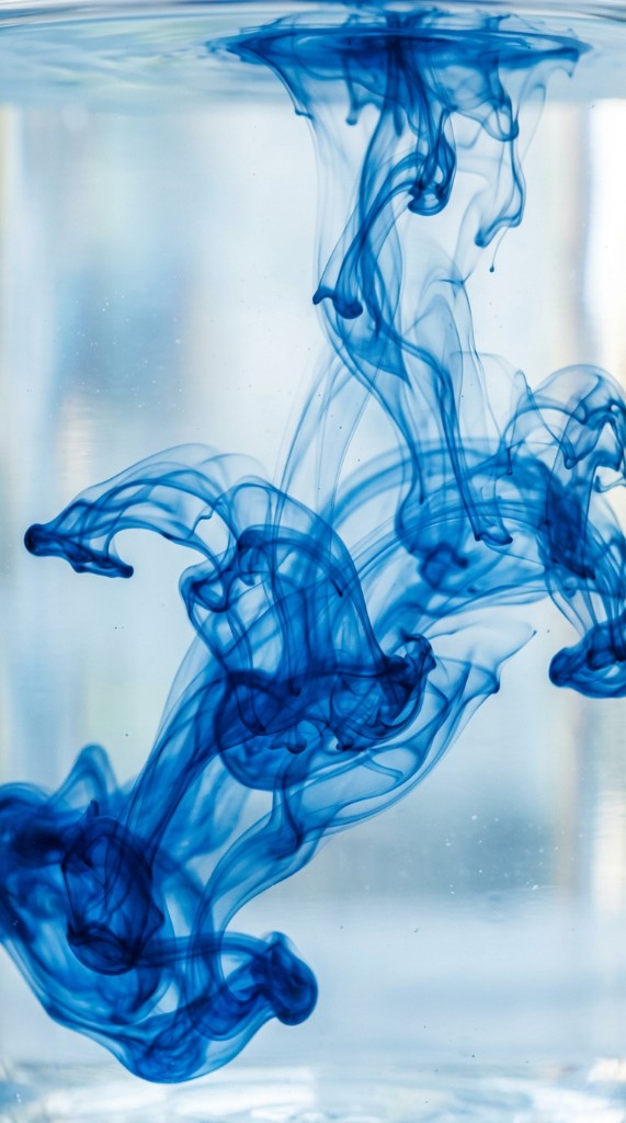 Abstract blue ink dissolving in clear water, fluid macro view