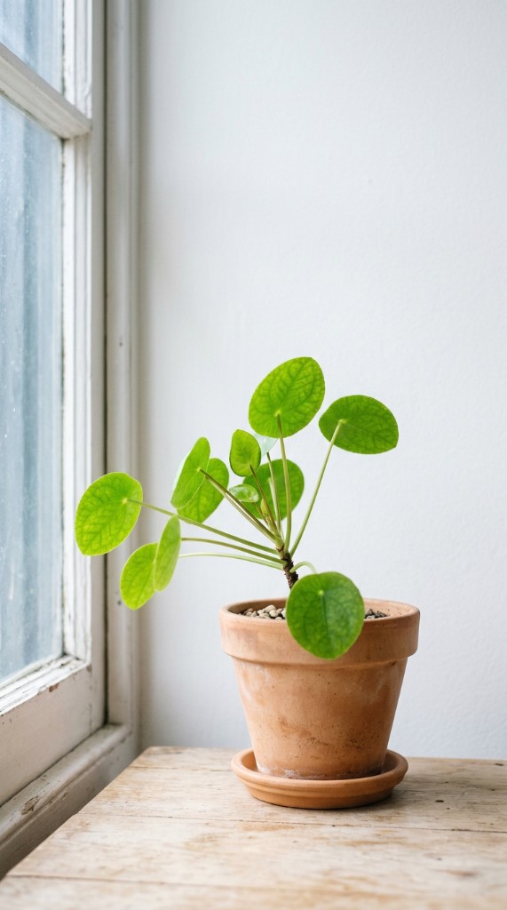 Small green plant in a terracotta pot on a wooden surface beside a bright white-framed window