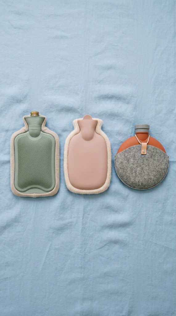 Three different shaped hot water bottles on a soft blue surface
