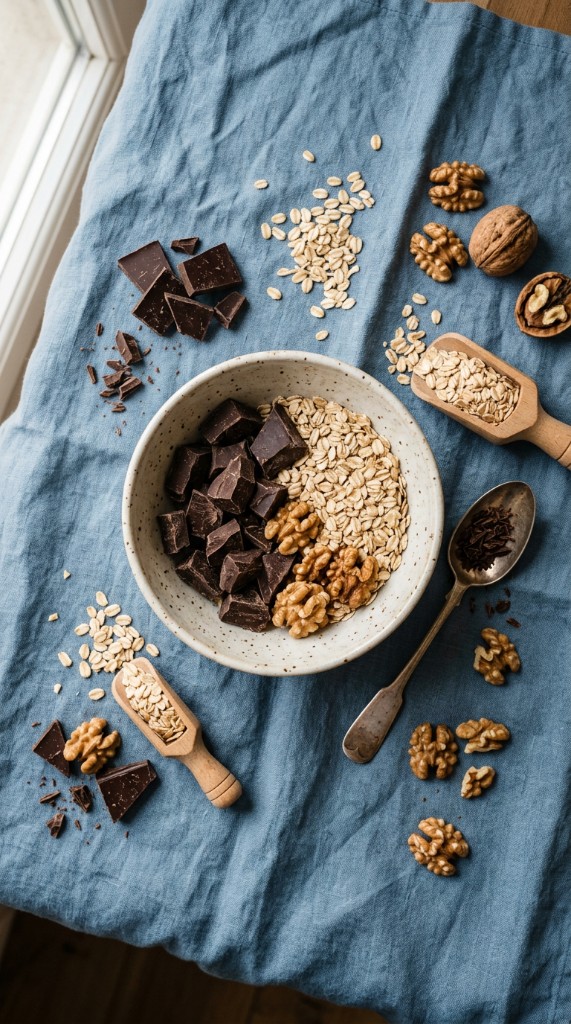 Dark chocolate, oats, and walnuts in a bowl on soft blue linen
