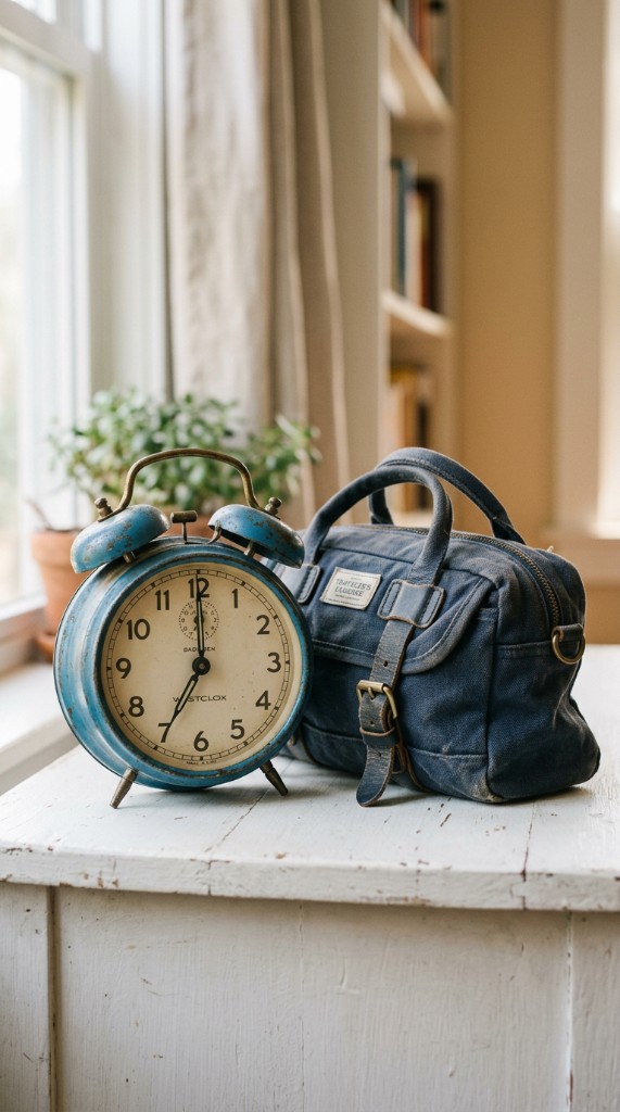 Vintage blue alarm clock beside a small packed travel bag on a white wooden surface
