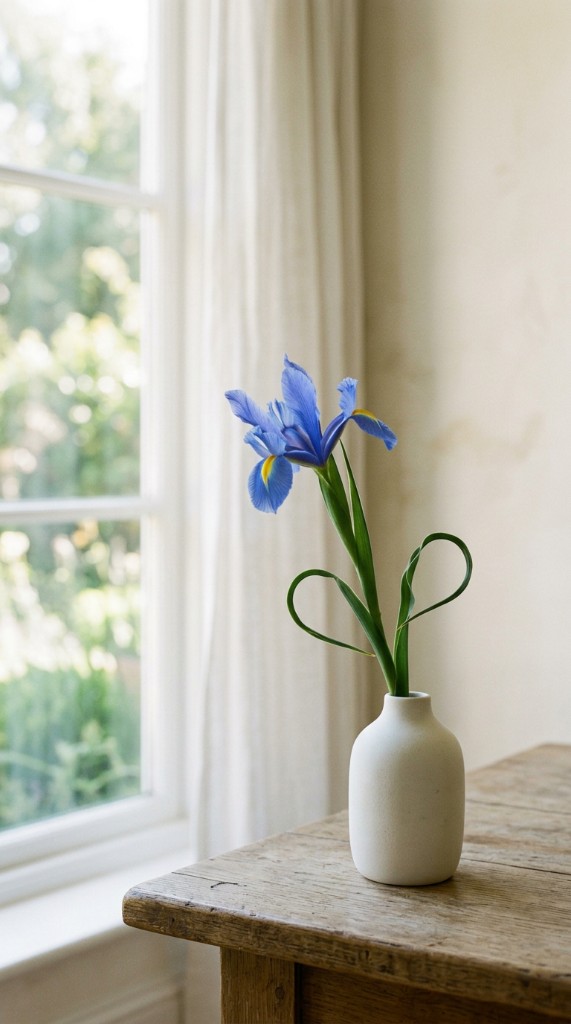 Single blue iris in a small white vase on a wooden table by a window