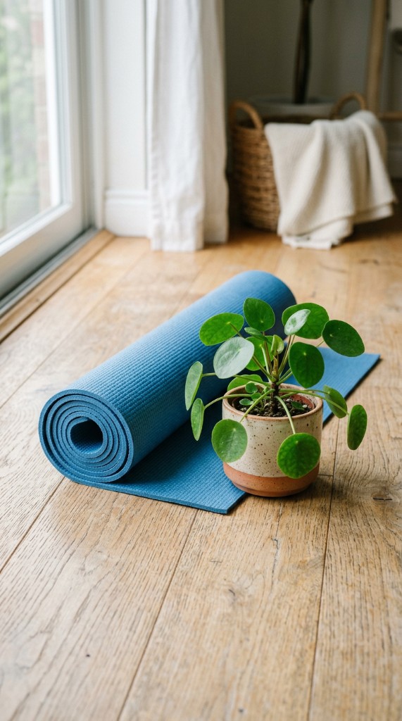 Blue yoga mat rolled halfway on a wooden floor beside a small potted plant in soft natural light