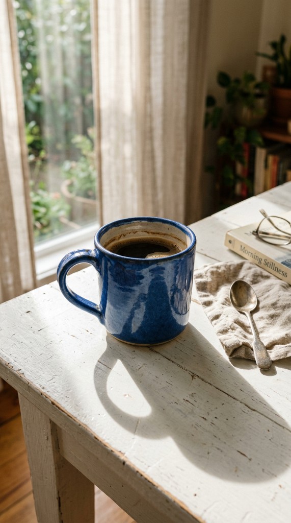 Blue ceramic coffee mug on a white table in soft morning light