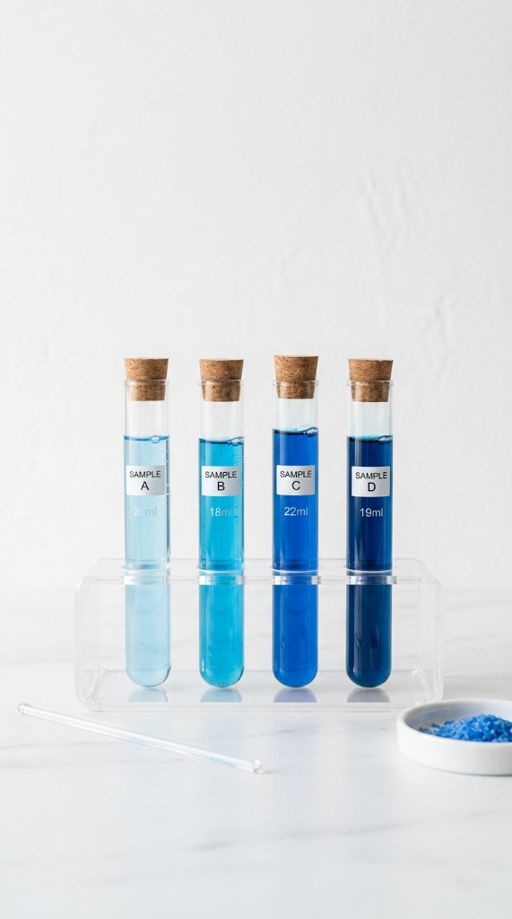 Four glass test tubes in a rack with graduated shades of blue liquid on a clean white surface