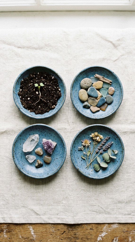 Four small blue ceramic bowls on linen, each holding different natural objects