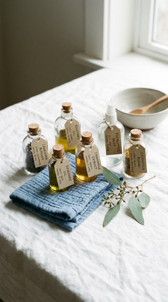 Small labeled botanical bottles and a blue towel on white linen