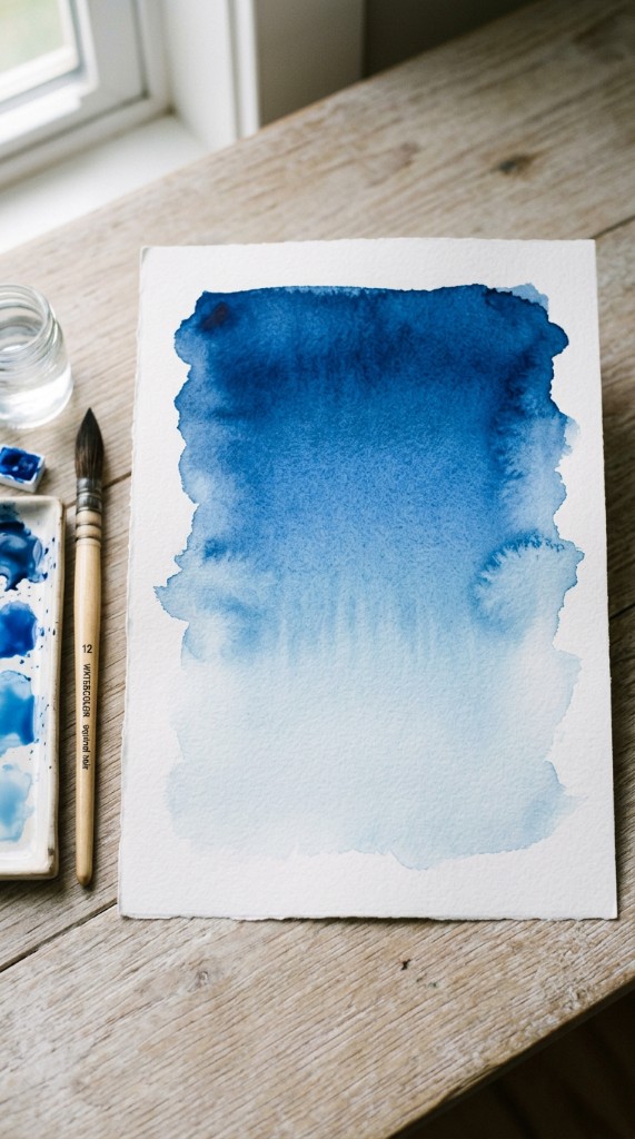 Blue watercolor wash fading from deep to pale on white paper beside a palette and brush