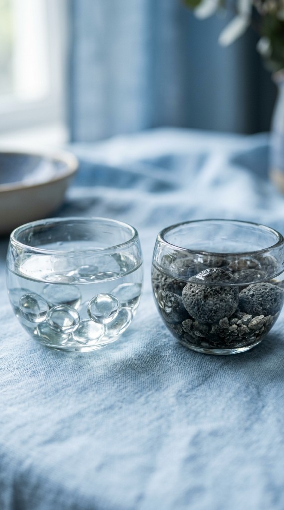 Two small glass bowls with smooth and rough textures on soft blue linen