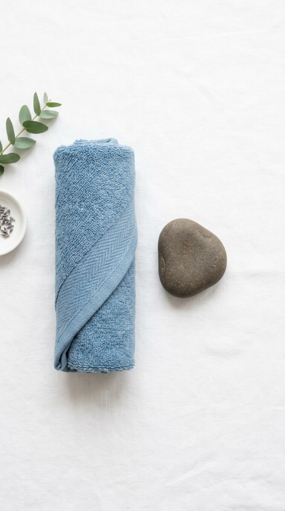 Rolled blue towel beside a small smooth stone on a white linen surface