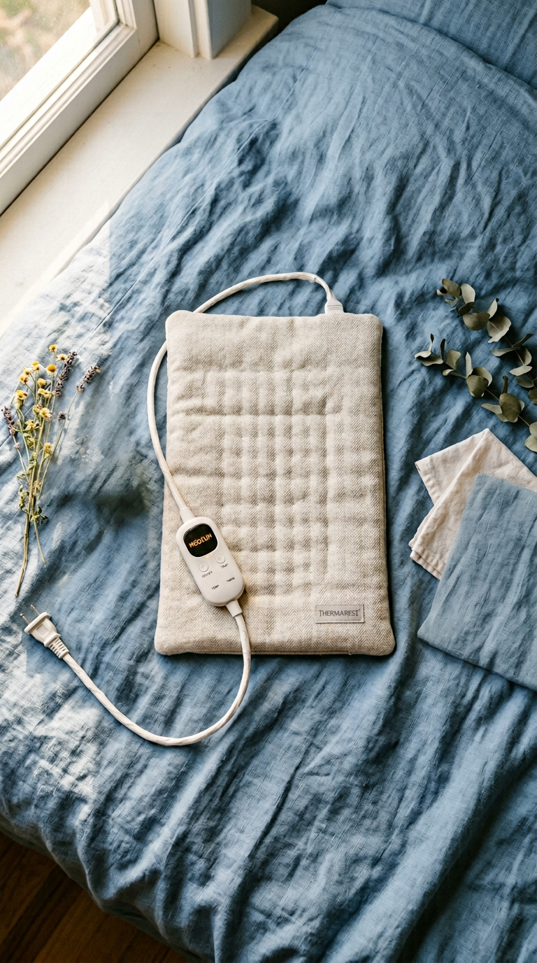 Heating pad on soft blue linen with temperature controller