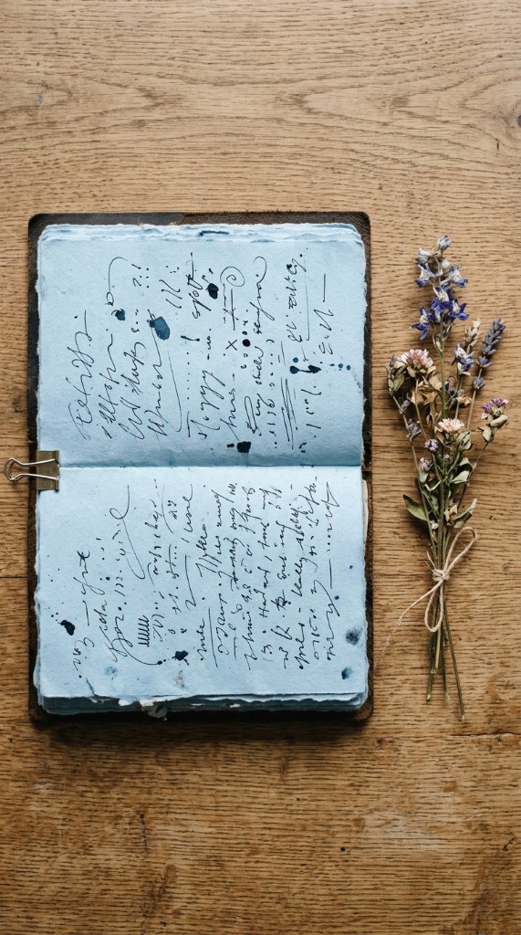 Open journal with soft blue pages and handwritten marks beside dried lavender on a wooden table