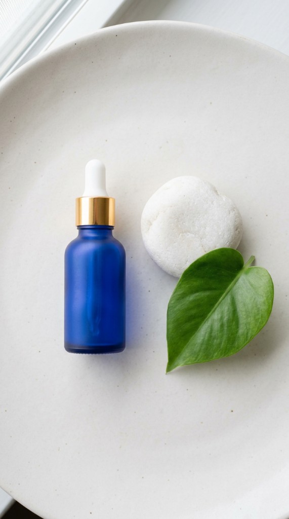 Minimalist blue glass dropper bottle beside a white stone and green leaf on a light ceramic plate