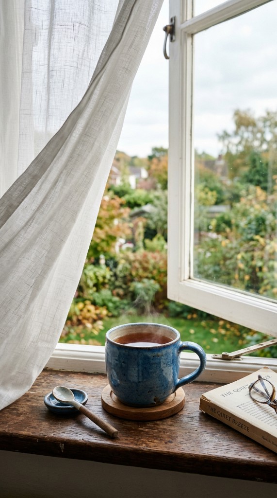 Blue ceramic mug of hot tea on a wooden windowsill beside an open window with sheer curtains