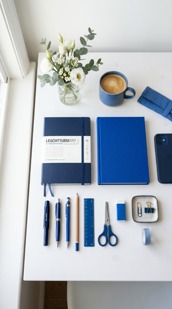 Neatly organised blue stationery on a white desk in morning light