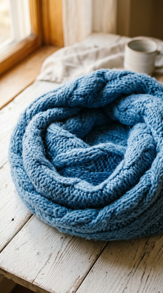 Soft blue cable-knit blanket folded into a cozy nest on a wooden surface in warm light