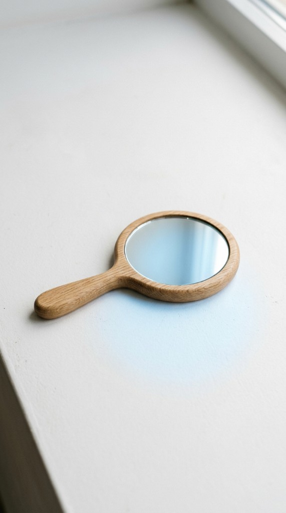 Small handheld mirror reflecting soft blue light on a white surface