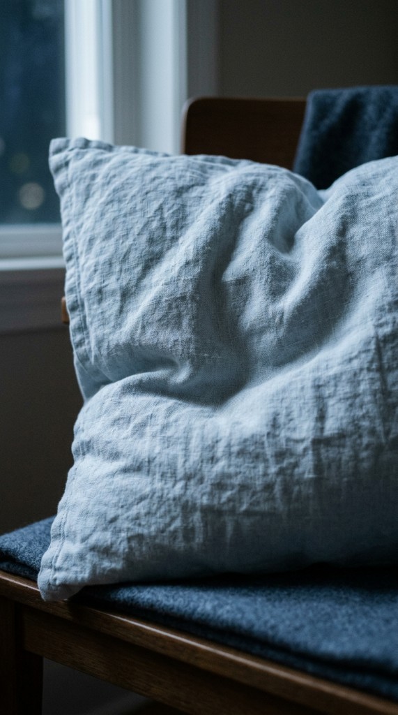 Soft blue linen pillow on a dark blanket and wooden chair at night, with blurred lights through a window