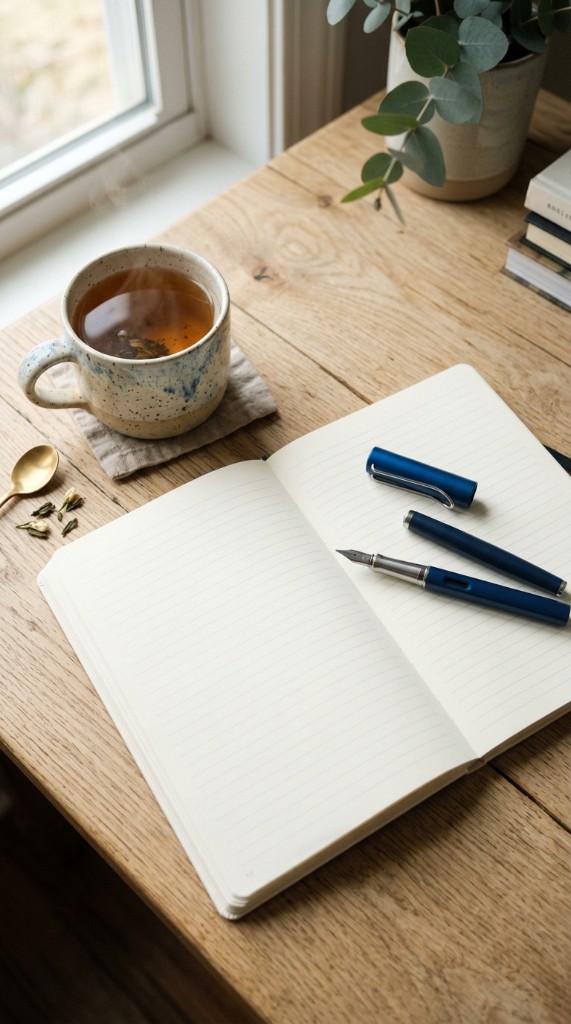 Open notebook with blue pen uncapped beside a cup of tea in morning light