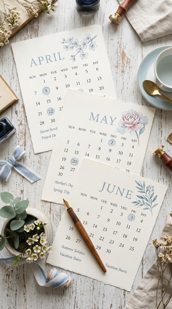 Three months of calendar pages in soft blue tones, overlapping on a wooden desk with stationery