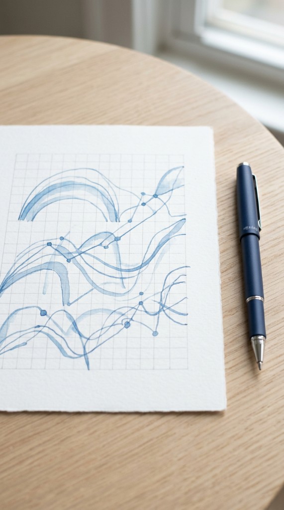 Soft blue graph lines drawn on white grid paper beside a blue pen