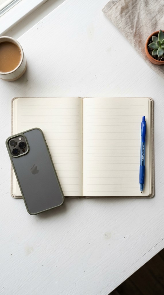 Phone beside an open journal and blue pen on a white surface in morning light